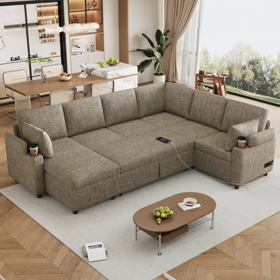 3. U-shaped 109.9" Sectional Sofa, Versatile Sofa Bed Sleeper with Ample Storage, Two Cup Holders & Charging Ports for Living Room,Brown