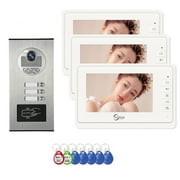 3-Unit Wired Video Apartment Intercom System with 7-Inch Monitors, Indoor/Outdoor Video Doorbell, ID Card Unlock, and Two-Way Audio