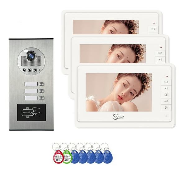 3-Unit Wired Video Apartment Intercom System with 7-Inch Monitors, Indoor/Outdoor Video Doorbell, ID Card Unlock, and Two-Way Audio