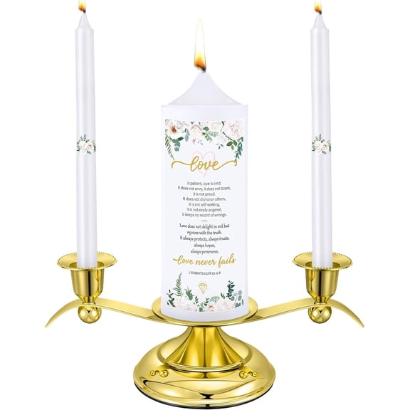3 Unity Floral Candles for Wedding Ceremony Set with Golden Holder White Pillar and Taper Religious Catholic Anniversary Big Events Gifts Couple