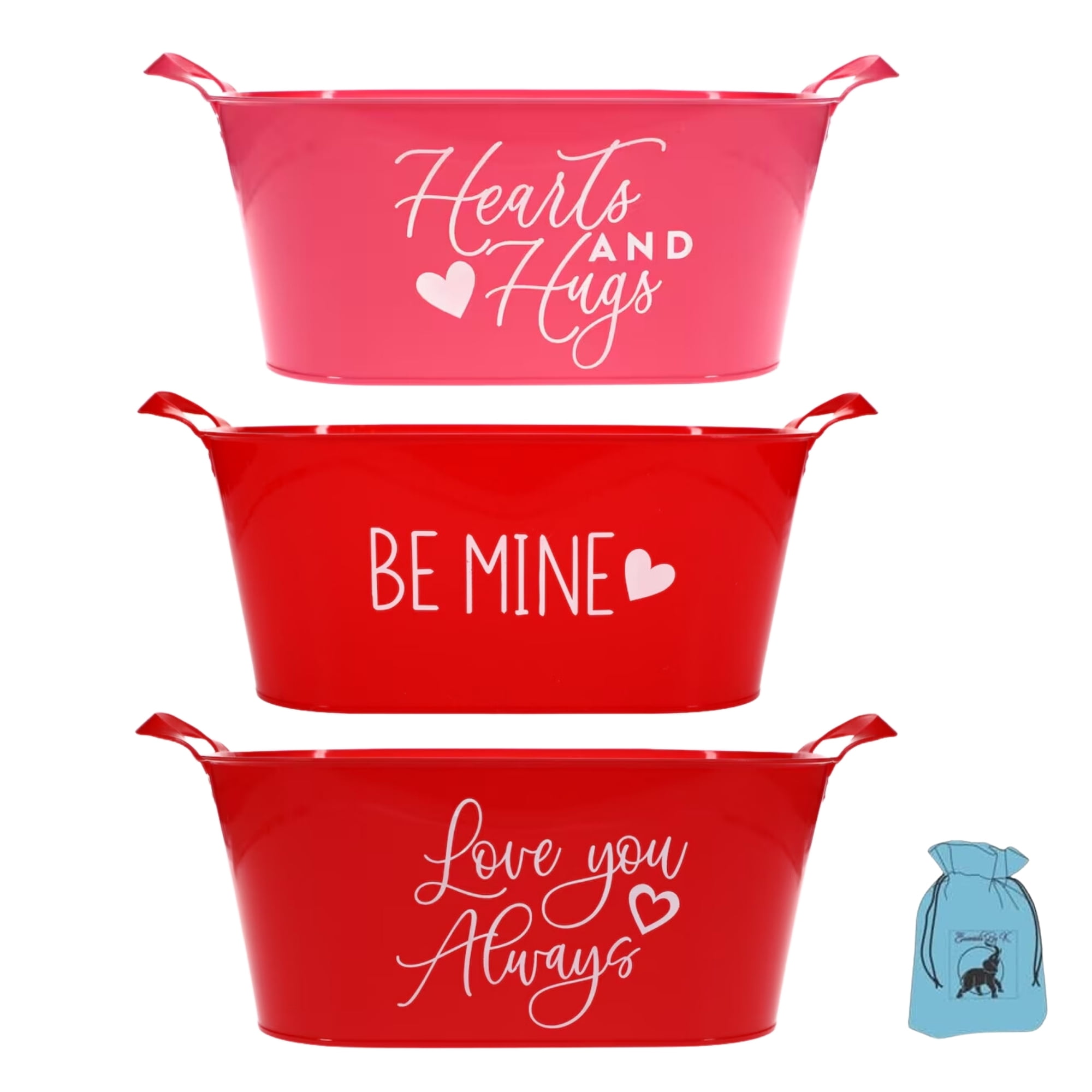 (3) Valentine's Day Red Plastic Sentiment Buckets with Handles for Home Kitchen Holiday Wedding Birthday Party Decorative Storage Drink Cooler Candies Chocolates Containers (Assortment May Vary)