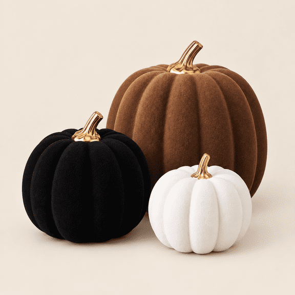 3 Velvet Pumpkins Fall Decor Artificial Flocked Pumpkin, White, Brown, Black
