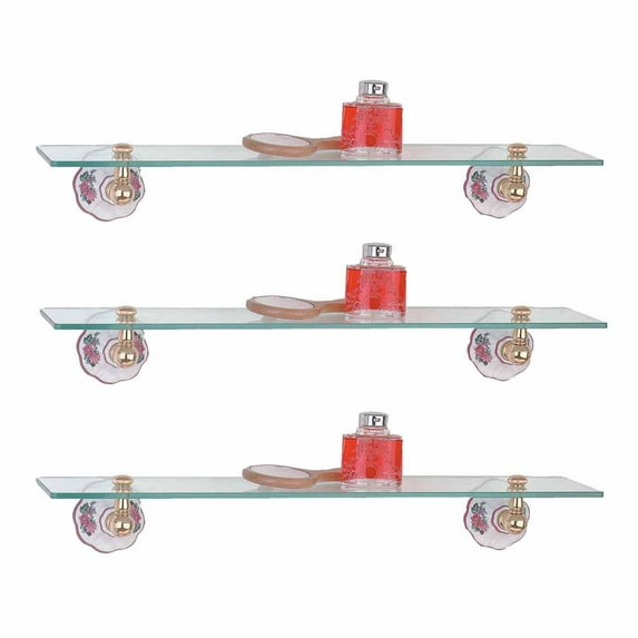 3 Vintage Glass Shelf Floral Porcelain Brass Brackets | Renovator's Supply