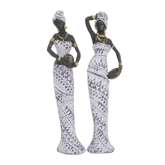 3"W, 13"H Multi Colored Polystone Standing African Woman Sculpture with Intricate Details, by DecMode (2 Count)