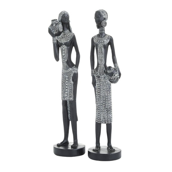 3"W, 14"H Black Polystone Standing African Woman Sculpture with Intricate Details, by DecMode (2 Count)