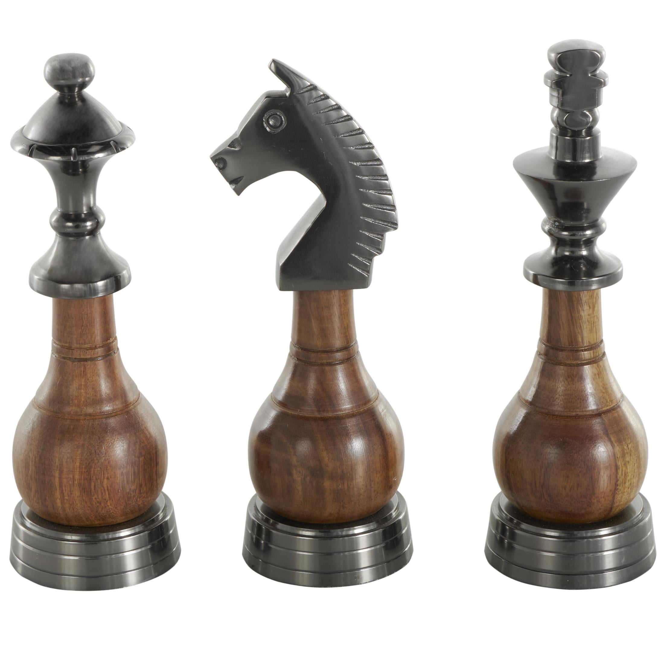 3"W, 9"H Dark Gray Aluminum Metal King, Queen, and Knight Chess Sculpture with Mango Wood Center, by DecMode (3 Count)