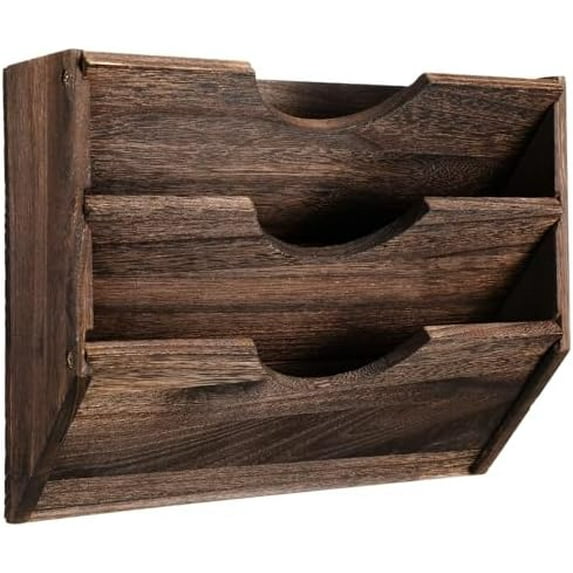 3 Wall Wood File Organizer Hanging File Organizer for Office Rustic Paper Mail Organizer Mounted Storage Rack for Home Documents Magazine Literature Folders Brown