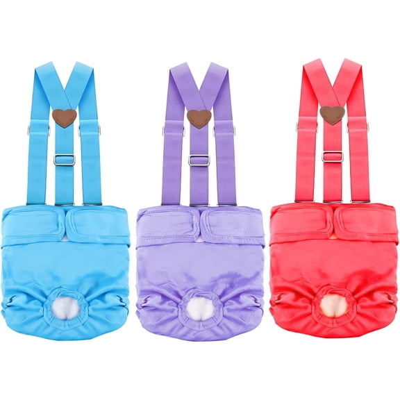 3 Washable Female Diaper with Suspender, Fixed Doggie Diapers Absorbent Leakproof for in Heat Cycle - XL