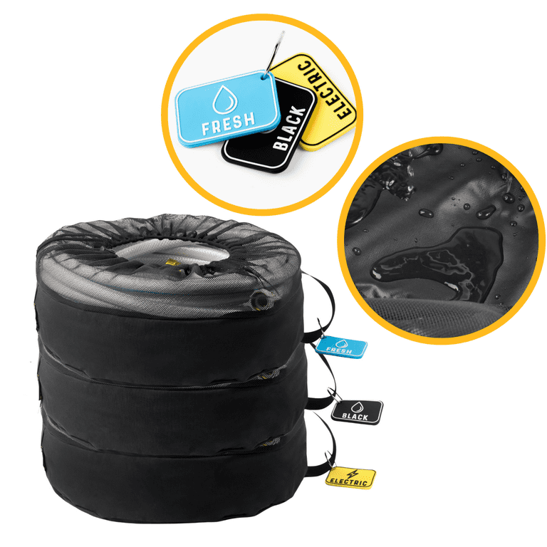 3 Waterproof RV Hose, Cable & Equipment Storage Utility Bag w/ Rubber Identification Tags to Organize Fresh, Sewer, Black Water Hoses, RV Electrical