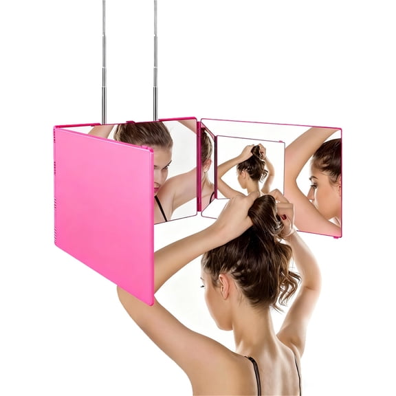3-Way 360° Trifold Barber Mirror with LED Lights, Adjustable Hook Self Haircut Mirror for Styling, Shaving & Coloring, Pink