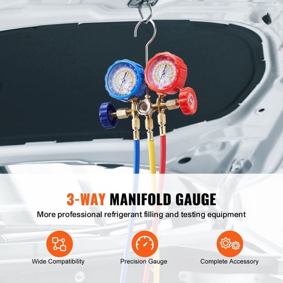 3 Way AC Manifold Gauge Set for R134A R22 R12 R502 Refrigerant with 5ft Hoses Couplers Can Tap Car Auto Freon Charging and Evacuation