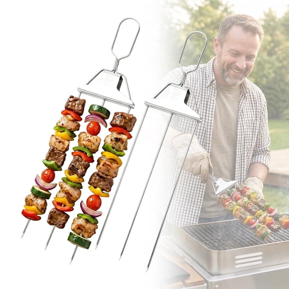 3 Way BBQ Skewers – 14.7" Stainless Steel Skewers for Grilling with Push-Off Slider(2Forks)