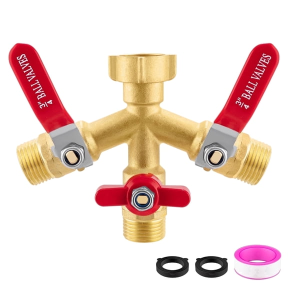 3-Way Brass Garden Hose Splitter, 3/4 in. GHT Hose Bib Splitter with 3 Independent Shut-Off Valves, Heavy Duty Metal Water Hose Manifold with Swivel Inlet