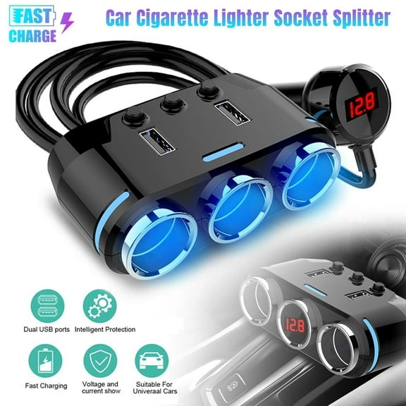 3-Way Car Charger Adapter, 12V Cigarette Lighter Socket Splitter Fast Charging