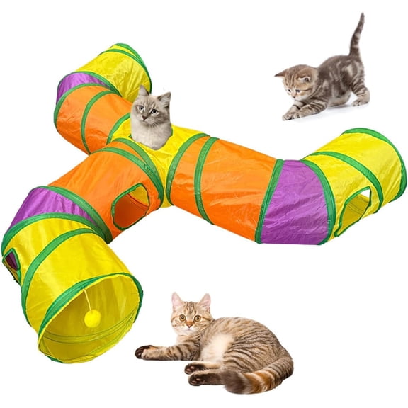 3-Way Cat Tunnels for Indoor Cats with Peek Hole, Large Foldable Rainbow Pet Tube Toy with Hanging Ball, Fun Interactive Toys for Kittens, Rabbits, Small Dogs