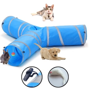 3 Way Cat Tunnels with Reflective Tape for Indoor Cats, Collapsible Tube 10 Inch Diameter & 43 Inch Longer Pet Toy for Puppy Kitten Rabbit (Blue)
