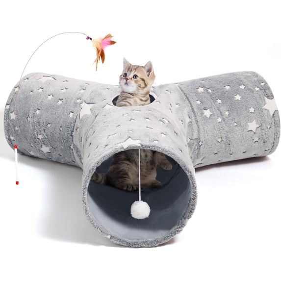 3-Way Collapsible Cat Tunnel Toy with Self-Luminous Tube & Peek Hole Ball - Photoluminescence Play Tunnel for Indoor Cats, Kittens, Kitty, Puppy, Rabbit - Boredom Relief Pet Toy
