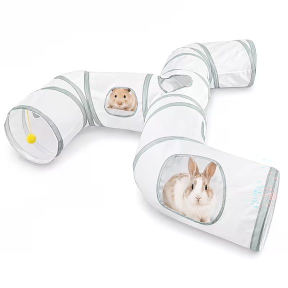 3 Way Collapsible Small Animal Play Tunnel with Peep Windows & Hanging Ball, Interactive Hideout Tube Toy for Rabbits, Guinea Pigs, Hamsters, Ferrets