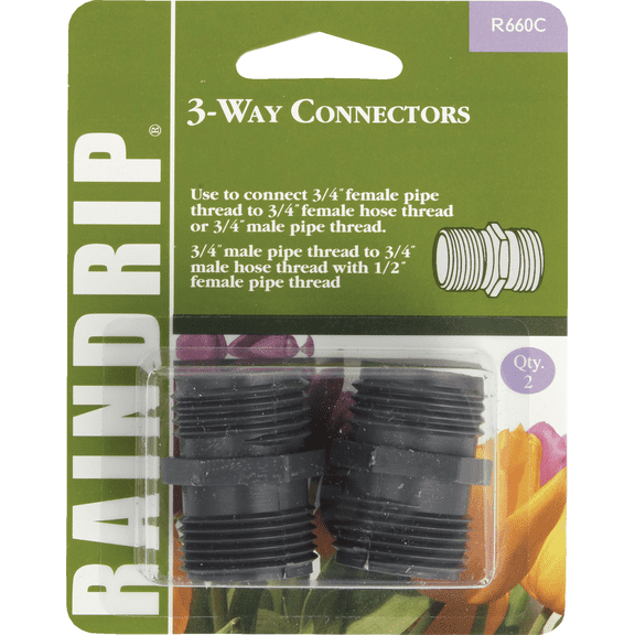 Raindrip 3-Way Connector Threaded Coupling - Pack of 2 Garden & Landscape Use, Standard Connection