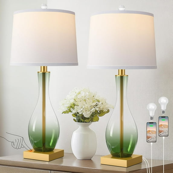 3-Way Dimmable Modern Glass table lamp for Living Room, Green Table Lamps Set of 2 with Touch Control, USB C and A Charging Ports, 27" Bedside Desk Lamps (LED Bulbs Included)