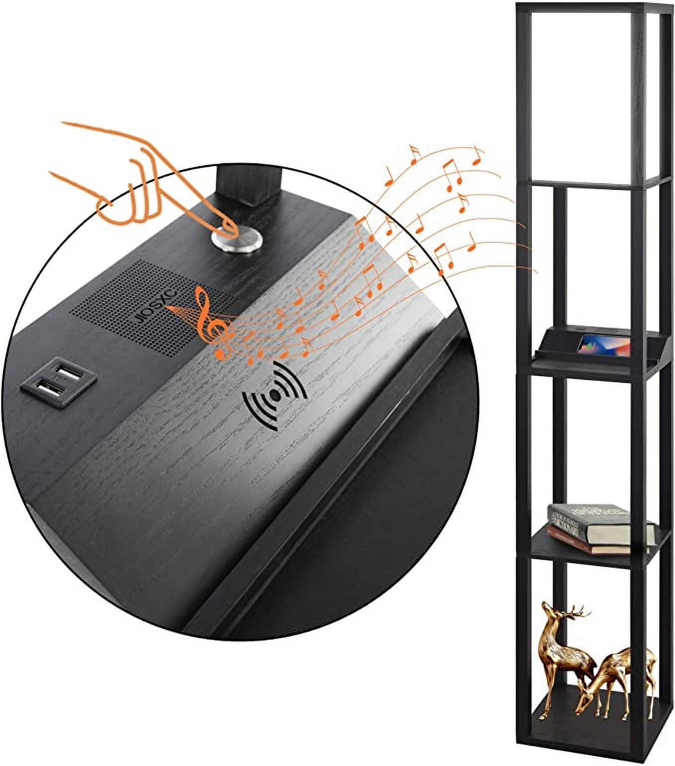 3 Way Dimmable Touch Control Bluetooth Speaker Shelf Floor Lamp with Wireless Charging Station