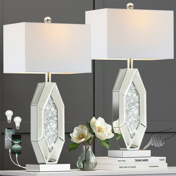 3-Way Dimmable Touch Diamond Crushed Mirrored Bedside Table Lamps Set of 2 for Living Room with USB A+C Ports, Silver Bling Modern Bling Nightstands Lamps for Bedroom with 2 Bulbs