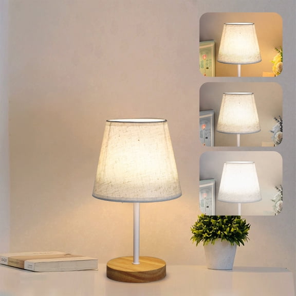 3-Way Dimmable Touch Table Lamp, Small Bedside Lamp with Wood Base & Linen Fabric Shade, for Living Room, Bedroom, Study and Reading Desk