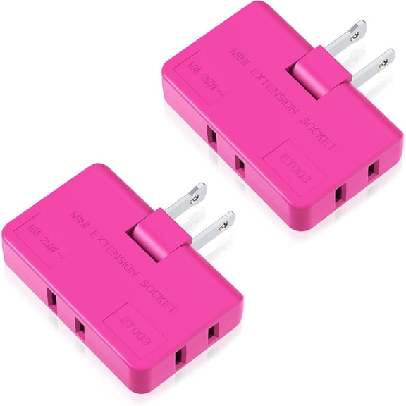 3 Way Flat Wall Plug Extender AC - 2-Prong Swivel Mini Multi Plug Outlet, Rotatable Socket (Quick & Easy Install) for and Travel, Type A, Rose Red (2 )