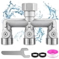 thumbnail image 1 of 3-Way Garden Hose Splitter, 3/4 in. GHT 304 Stainless Steel Hose Faucet Splitter with 3 Independent Shut-Off Valves, 360° Swivel Inlet, Hose Manifold with Washers and PTFE Tape, 1 of 10