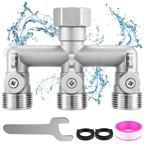 3-Way Garden Hose Splitter, 3/4 in. GHT 304 Stainless Steel Hose Faucet Splitter with 3 Independent Shut-Off Valves, 360° Swivel Inlet, Hose Manifold with Washers and PTFE Tape