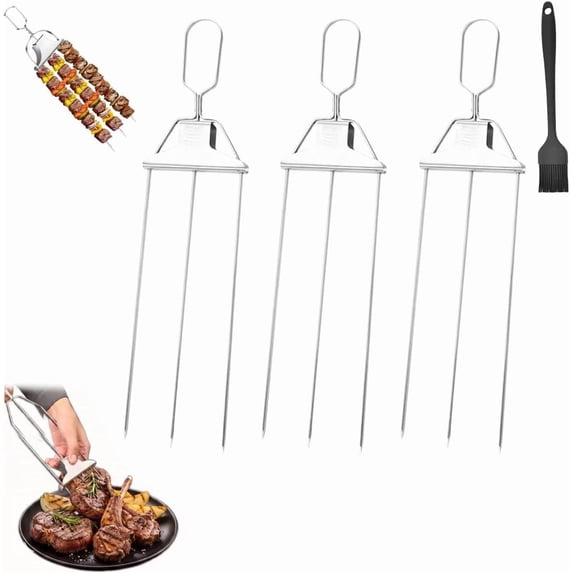 3-Way Grill Skewers, 14.7 Inch Stainless Steel 3-Prong Metal BBQ Skewers for Grilling with Slider Push Bar, Reusable Metal Barbecue Sticks for Meat Chicken Sausage Vegetables Shrimp Outdoor (3Pcs)