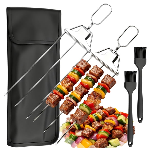 3 Way Grill Skewers for Grilling, 3 Prong Skewers for Grilling, Stainless Steel BBQ Skewers with Push-Off Slider, Triple Skewers for Grill, BBQ Forks for All Barbecue Grills Outdoor Cooking (1*Set)