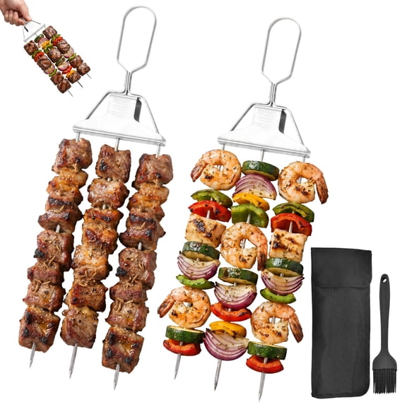 3-Way Grill Skewers, Kabob Sticks,Metal Skewers for Kabobs, 14.7" Stainless Steel BBQ Skewer with Push-Off Slider, 2026 New Skewers for Grilling, Outdoor Grill Accessories for Meat WWSOGQH
