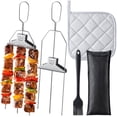 thumbnail image 1 of 3-Way Grill Skewers and Barbecue Tool Set, 5 Pieces Includes Oil Brush, Heat Pad, and Cloth Bag, Outdoor BBQ Accessories for Meat, Sausages, Shrimp, and Veggies, 1 of 7