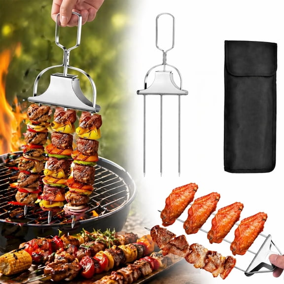 3-Way Grill Skewers, Stainless Steel BBQ Meat Skewers with Push Slider, Reusable Metal Grilling Forks for Vegetables and Shrimp, 14.7 Inches