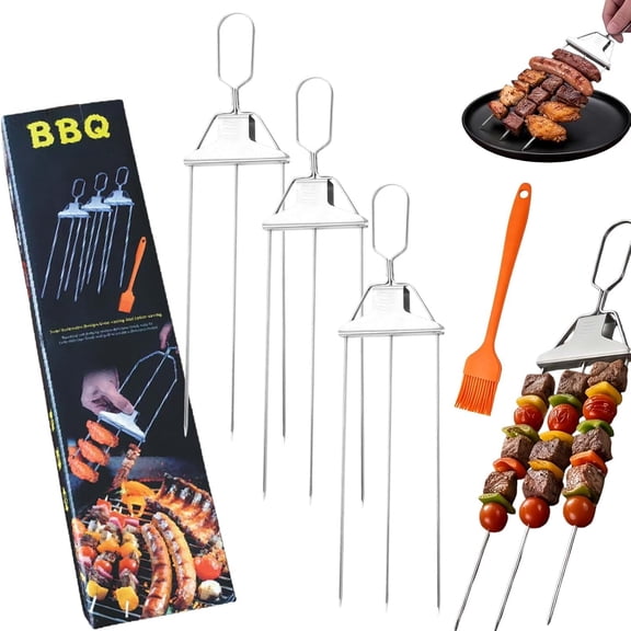 3 Way Grill Skewers, Stainless Steel Bbq Skewers With Push Slider Bar, Reusable Metal Skewer For Shrimp, Meat, Chicken, Veggies, Outdoor Grilling (3pc)