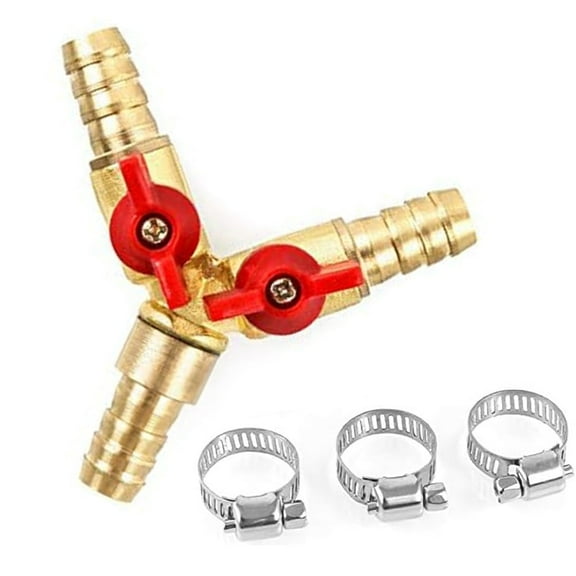 3 Way Hose Connector Y Splitter Ball Valve Brass Fitting for Joinery Faucet Air Water Gas 8mm 10mm with Stainless Steel Ring Clamps"}