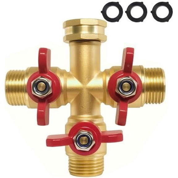 3 Way Hose Splitter Garden Shut Off Valve Solid Brass High Volume Connector Brass Water With Metal Handle Heavy Duty Flow Spigot Splitter Shut Valve, 3/4 Inch Garden Tap Splitter$$Garden & Patio
