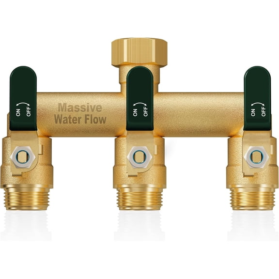 3 Way Hose Splitter, Heavy Duty Full Flow Garden Water Hose Bib Spigot Splitter, Brass Rust and Freeze Resistant Outdoor Faucet Splitter, T Adapter Connector with 3/4 - Inch GHT Thread Green