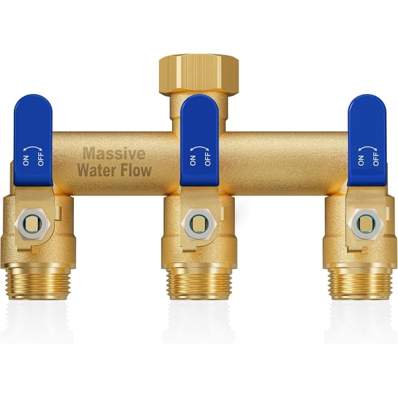 3 Way Hose Splitter, Heavy Duty Full Flow Garden Water Hose Bib Spigot Splitter, Brass Rust and Freeze Resistant Outdoor Faucet Splitter, T Adapter Connector with 3/4 - Inch GHT Thread （Blue）