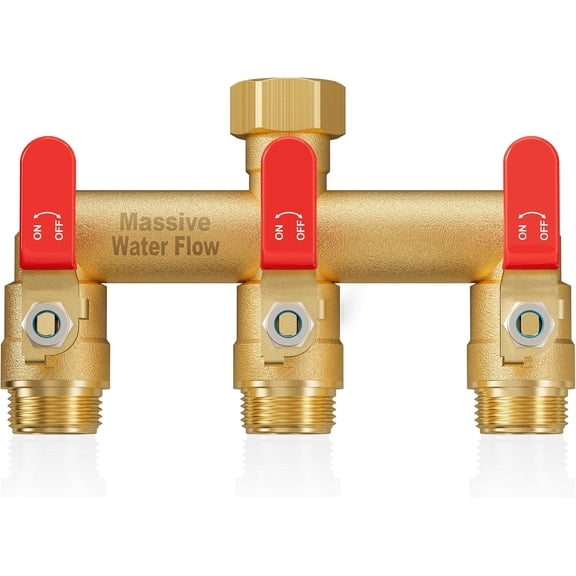 3 Way Hose Splitter, Heavy Duty Full Flow Garden Water Hose Bib Spigot Splitter, Brass Rust and Freeze Resistant Outdoor Faucet Splitter, T Adapter Connector with 3/4 - Inch GHT Thread （Red）