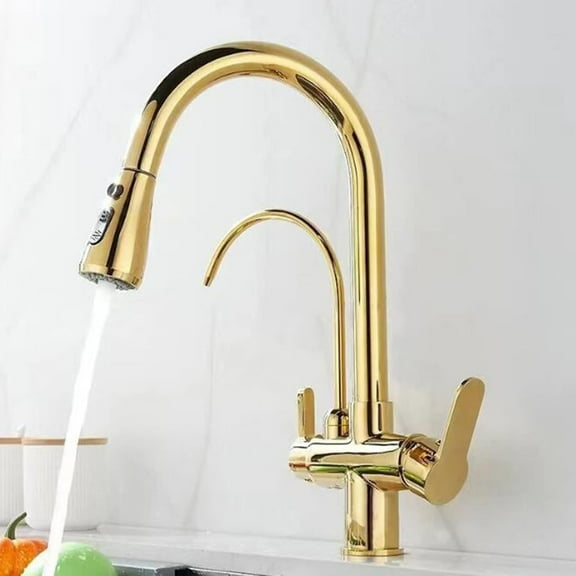 3 Way Kitchen Taps with Pull Out Spray, Kitchen Faucet Swivel Brass Drinking Water Sink Faucet 3 in 1 Kitchen Sink Tap-Gold