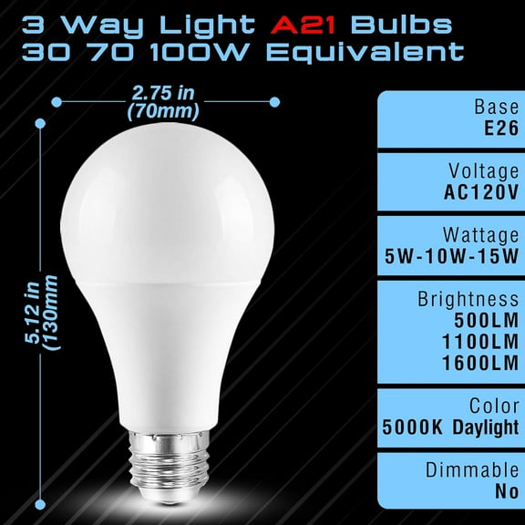 3 Way LED Light Bulbs 30 70 100W Equivalent, Daylight White 5000K 3 Way Light Bulbs, 5/10/15W Three Way Light Bulb, A21 E26 Medium Base for Reading, Living Room DIY, 500lm-1100lm-1600lm, 4 Pack