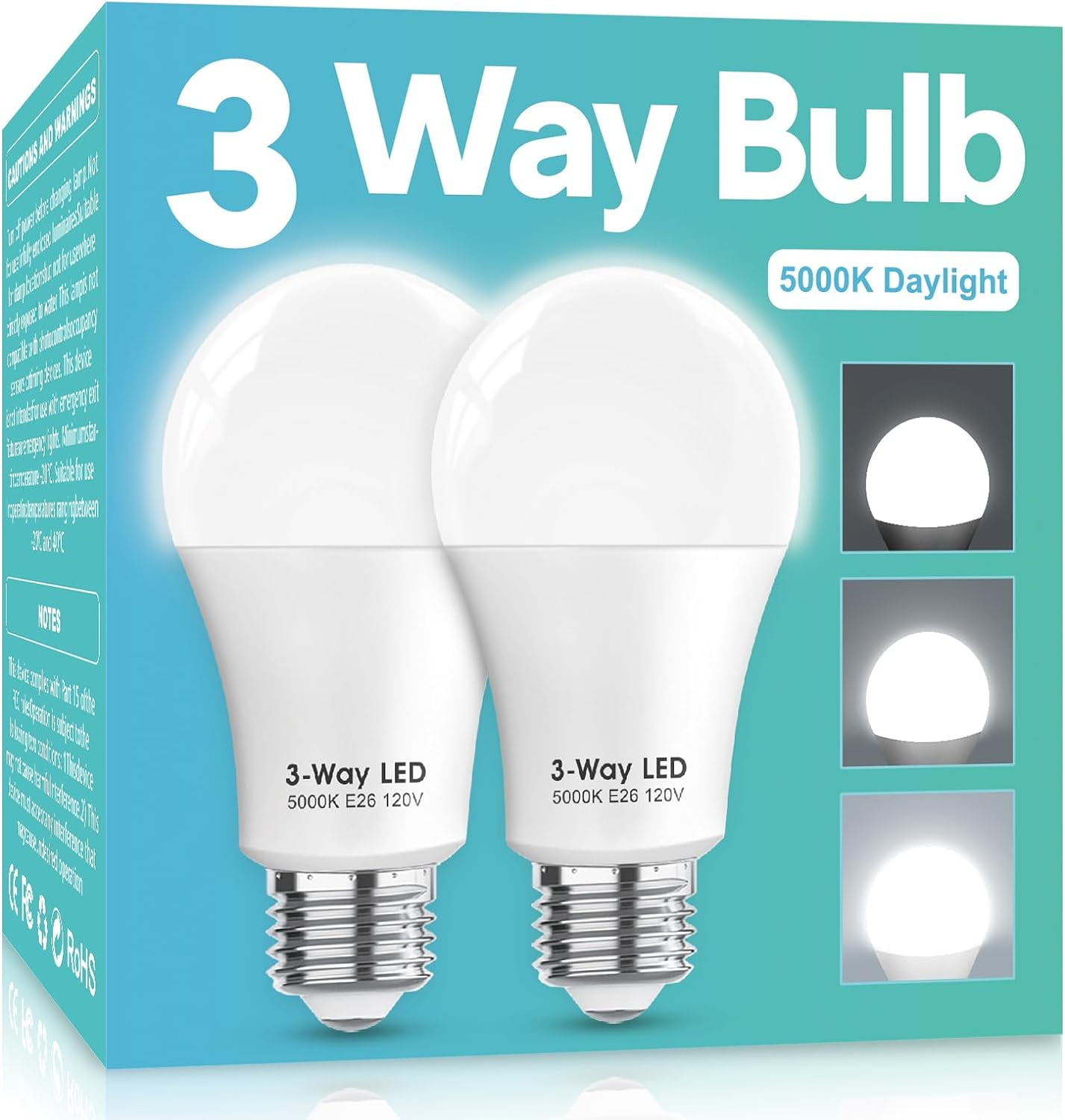 3 Way LED Light Bulbs 50 100 150W Equivalent, Daylight White 5000K 3 Way Light Bulbs, A19 Three Way Light Bulb,E26 Base LED Light Bulb for Reading,Living Room-2 Pack