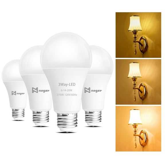 3-Way Led Light Bulbs A21, 50 100 150W Equivalent, 2700K Soft White, Noger 3 Way E26 light bulbs for Reading, 500-1600-2200LM, 4 Pack