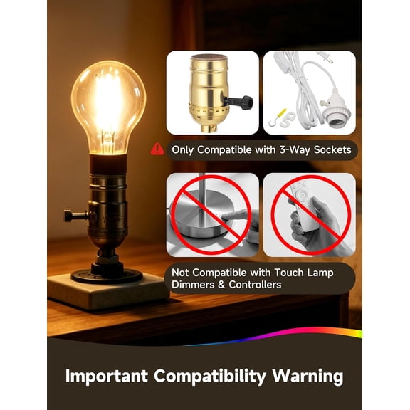3 Way Light Bulbs, 30/70/100 Equivalent, 2700K Soft White, A19 Vintage Filament Light Bulb for Reading, Living Room, Offices & Bedroom, Three Way LED Light Bulbs, Classic Clear Glass, 2 Pack