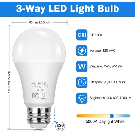 3 Way Light Bulbs 40 70 100W Equivalent, LED Dimmable A19 Three Way Light Bulb Daylight White 5000K, E26 Medium Base, Energy Saving 4/8/12W 3 Way LED Light Bulbs for Indoor Floor/Table Lamp, 6-Pack