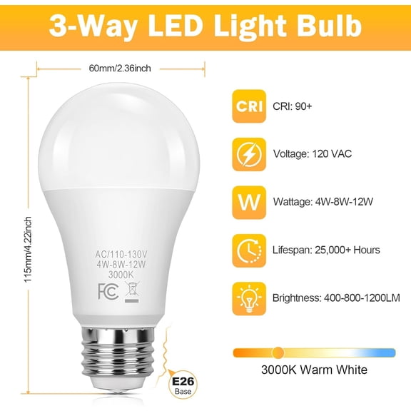 3 Way Light Bulbs 40 70 100W Equivalent, LED Dimmable A19 Three Way Light Bulbs Soft White 3000K, E26 Medium Base, 4/8/12W Energy Saving 3 Way Bulb for Floor Lamp Desk Lamp Table Lamp Reading, 2-Pack