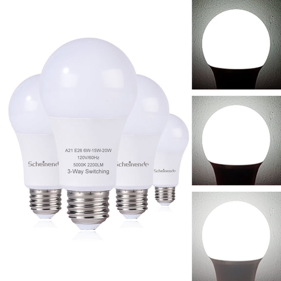 3-Way Light Bulbs, 50 100 150 Watt Equivalent, A21 Led Bulb Daylight 5000K, Perfect for Reading, E26 Medium Base, 500-1600-2200 Lumen, 4 Pack