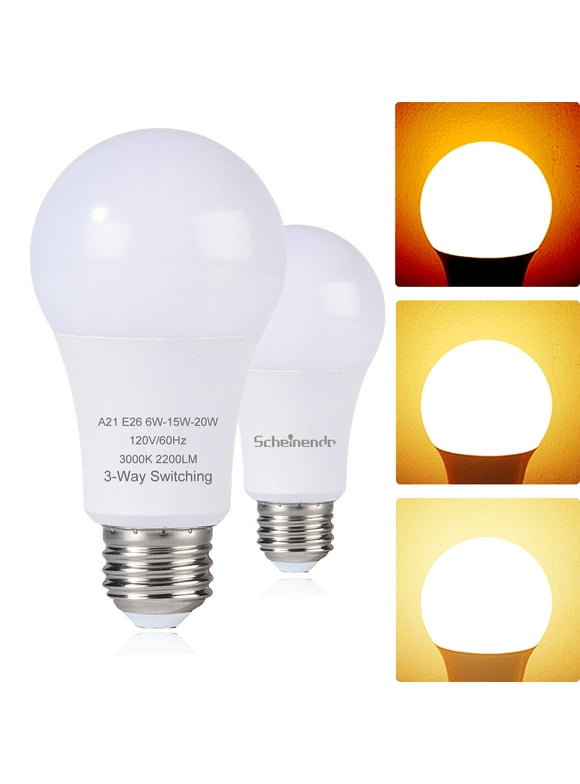 3-Way Light Bulbs, 50 100 150 Watt Equivalent, A21 Led Bulb Warm White 3000K, Perfect for Reading, E26 Medium Base, 500-1600-2200 Lumen, 2 Pack